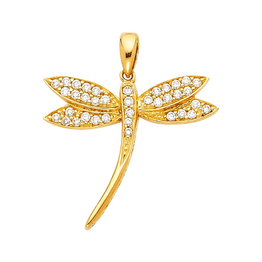 14K Yellow Gold CZ Dragonfly Pendant